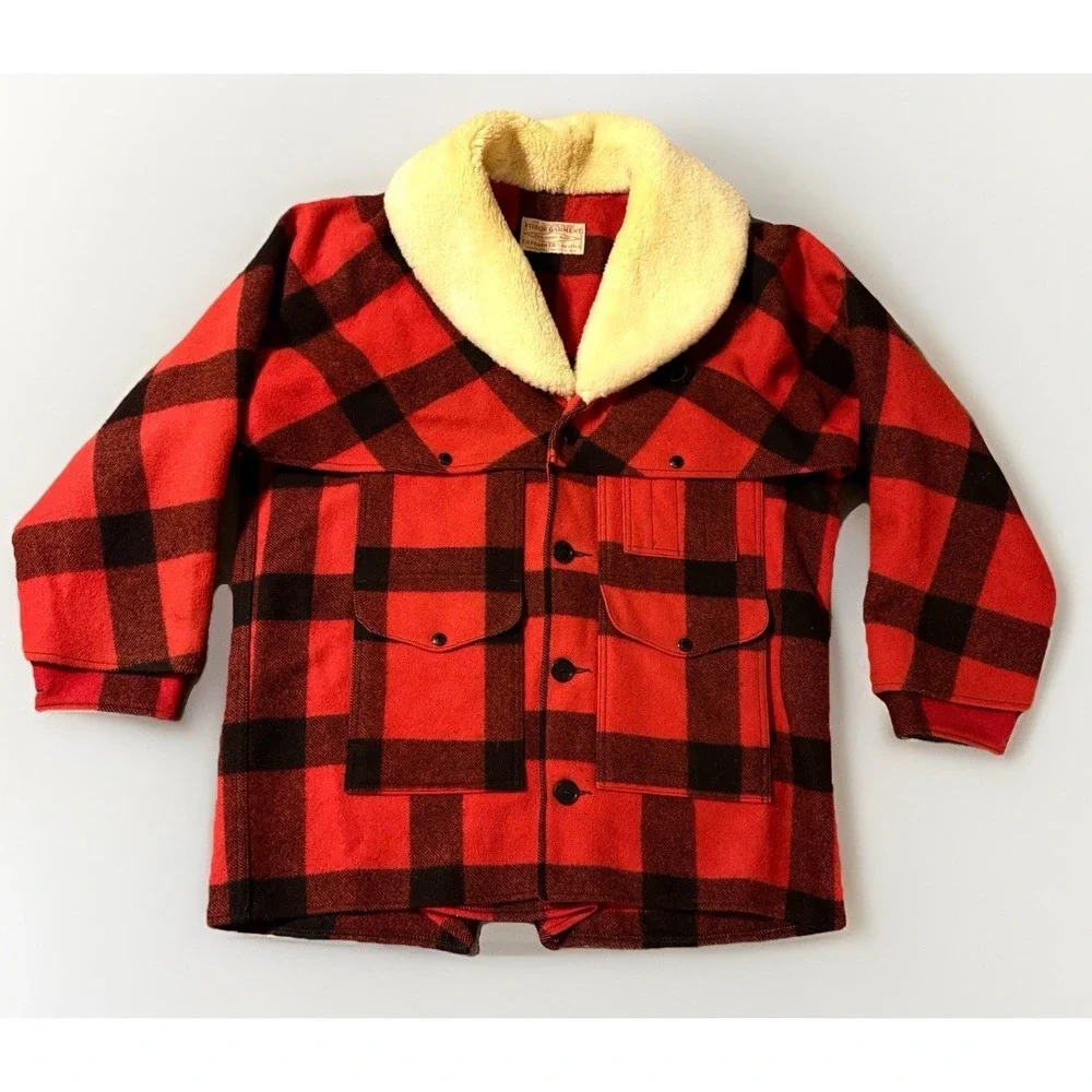 VTG CC Filson Mackinaw Wool Packer Coat Men's 48 Red Buffalo Plaid Shearling USA - Picture 3 of 16
